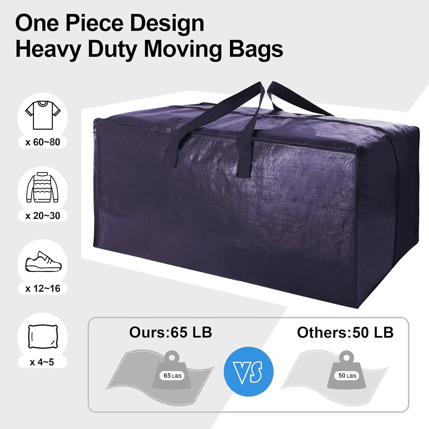 12 Pack Heavy Duty Extra Large Moving Bags W/Backpack Straps - Strong Handles & Zippers, Storage Totes For Space Saving, Fold Flat, Alternative to Moving Box and Storage Bin, Blue
