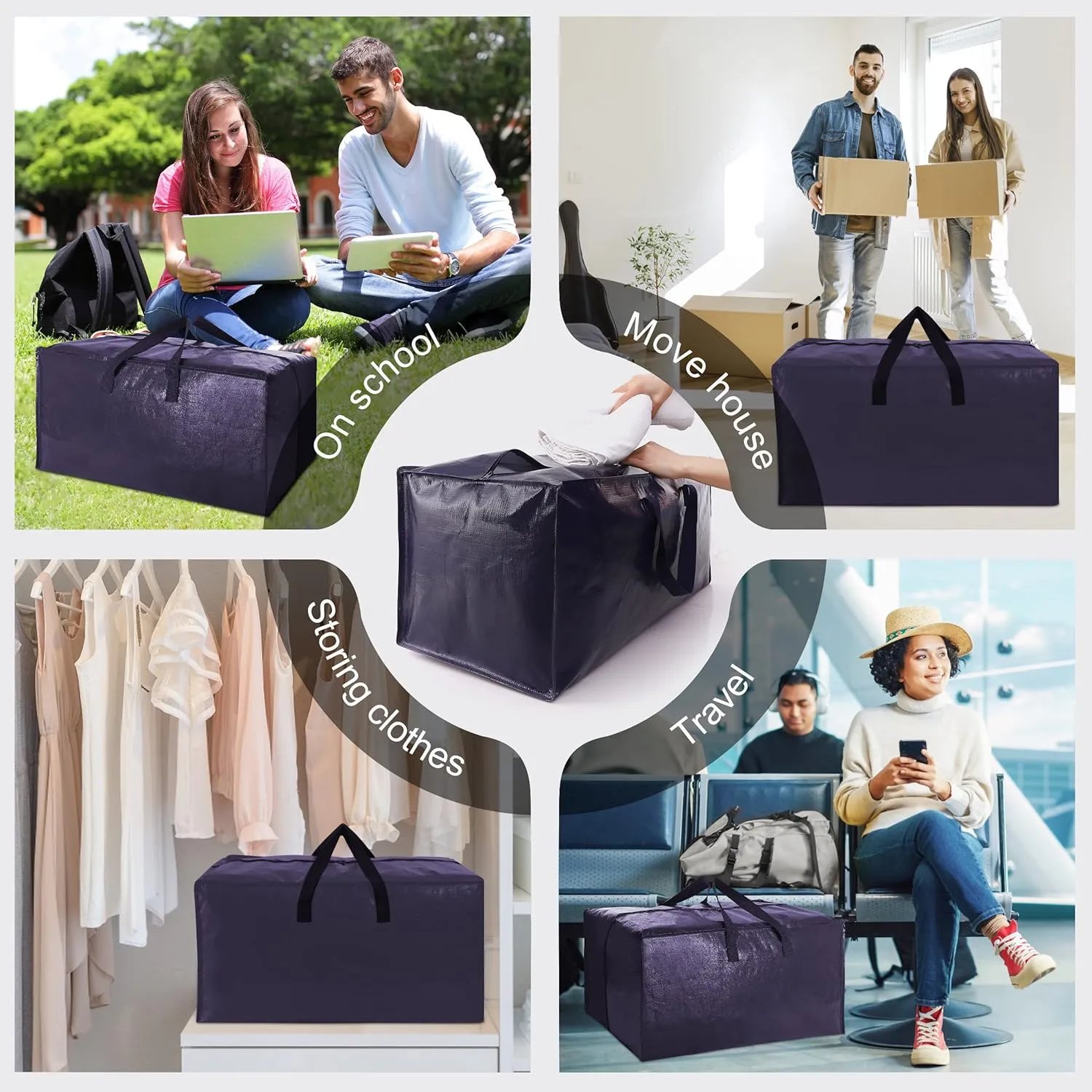 12 Pack Heavy Duty Extra Large Moving Bags W/Backpack Straps - Strong Handles & Zippers, Storage Totes For Space Saving, Fold Flat, Alternative to Moving Box and Storage Bin, Blue