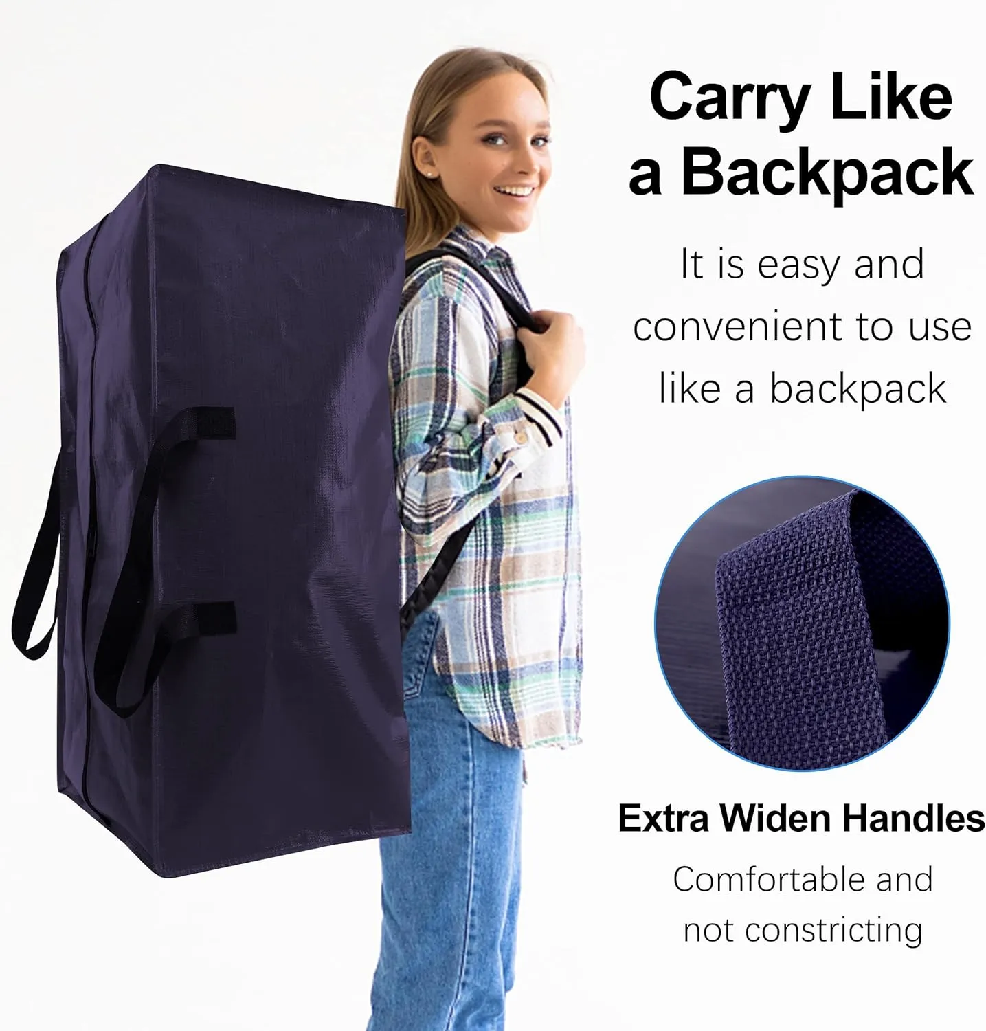 12 Pack Heavy Duty Extra Large Moving Bags W/Backpack Straps - Strong Handles & Zippers, Storage Totes For Space Saving, Fold Flat, Alternative to Moving Box and Storage Bin, Blue