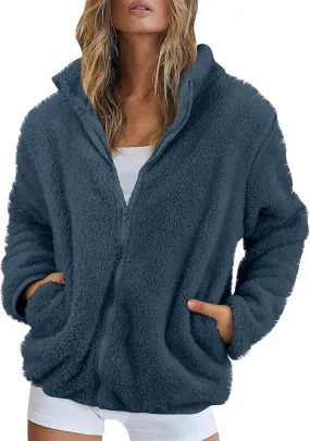 2024 Womens Winter Coats Long Sleeve High Collar Zip up Casual Comfy Warm Plush Loose Jackets with Pockets