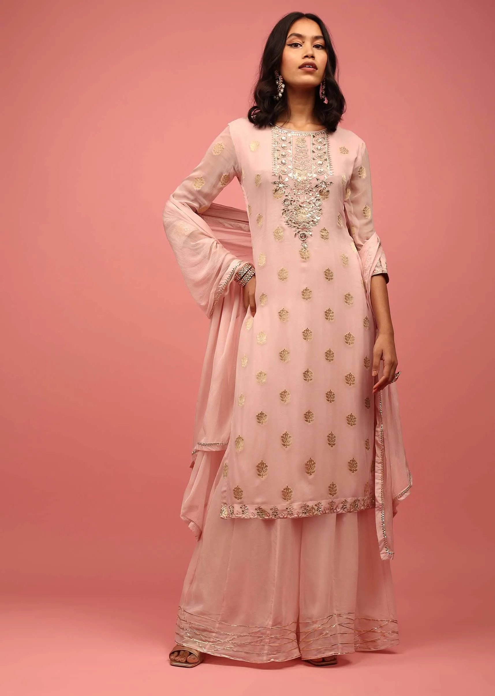 Baby Pink Straight Palazzo Suit Set In Banarasi Georgette With Brocade Work