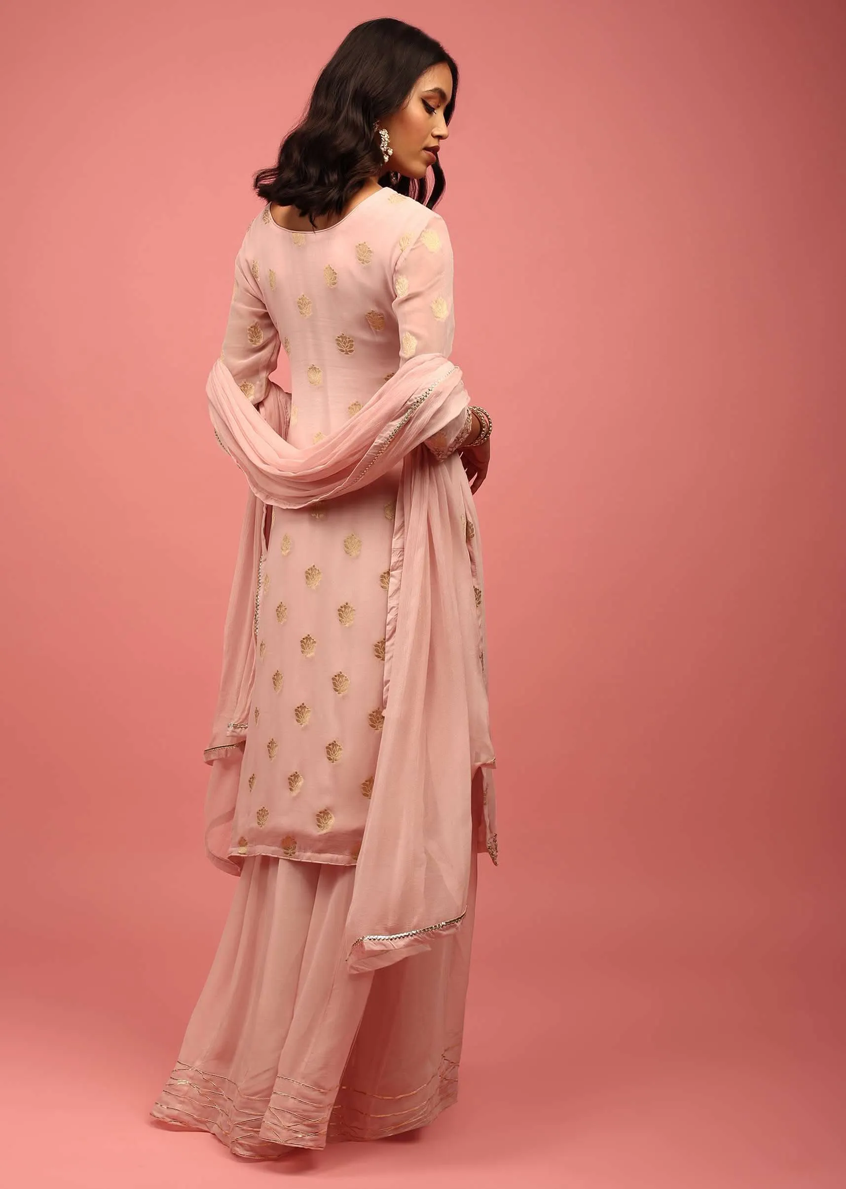 Baby Pink Straight Palazzo Suit Set In Banarasi Georgette With Brocade Work