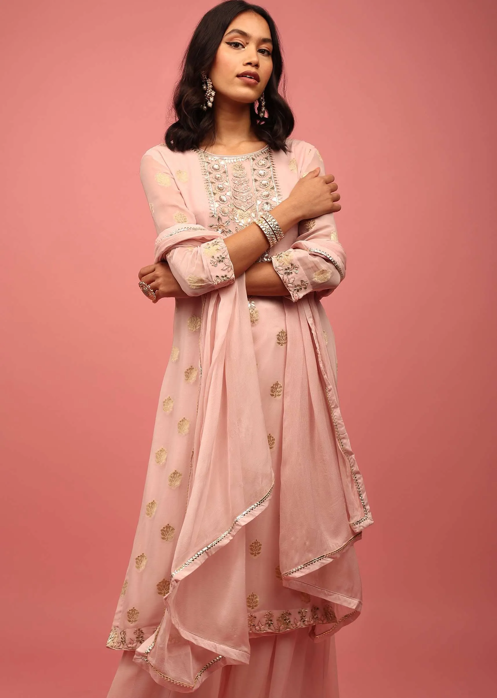 Baby Pink Straight Palazzo Suit Set In Banarasi Georgette With Brocade Work