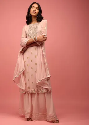Baby Pink Straight Palazzo Suit Set In Banarasi Georgette With Brocade Work