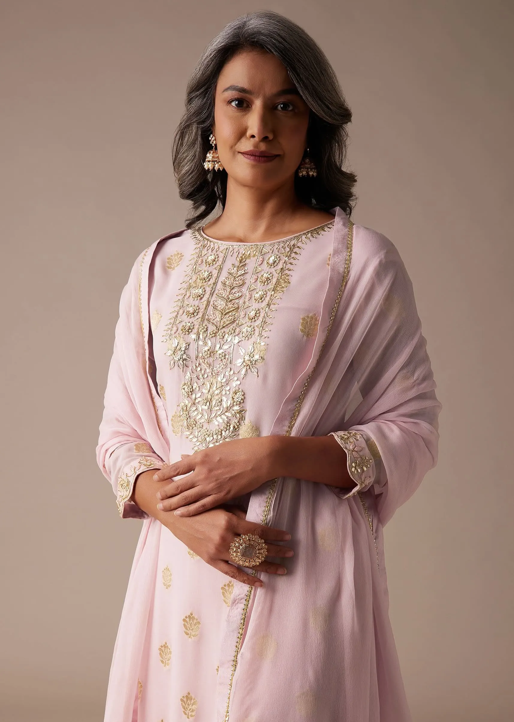 Baby Pink Straight Palazzo Suit Set In Banarasi Georgette With Brocade Work