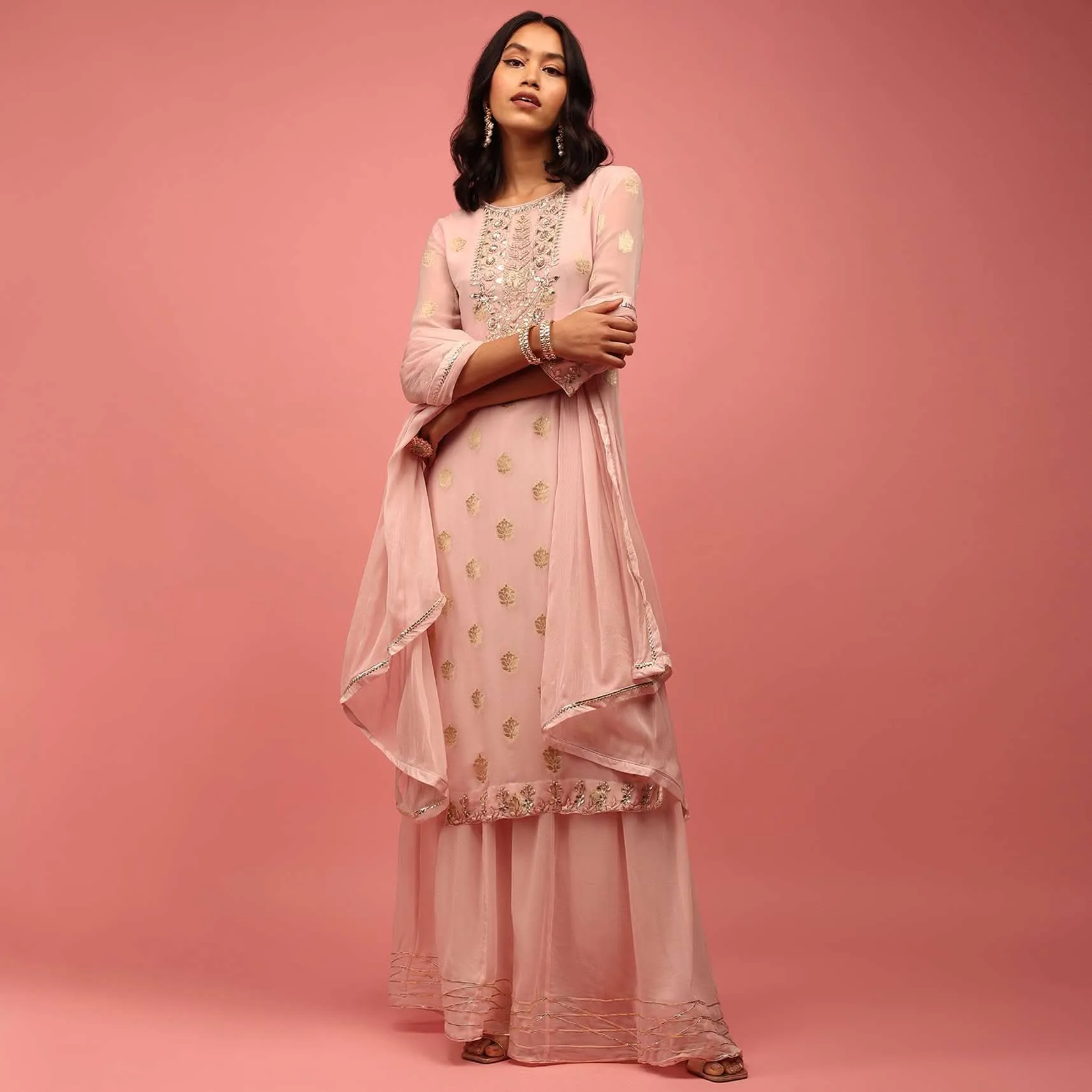 Baby Pink Straight Palazzo Suit Set In Banarasi Georgette With Brocade Work