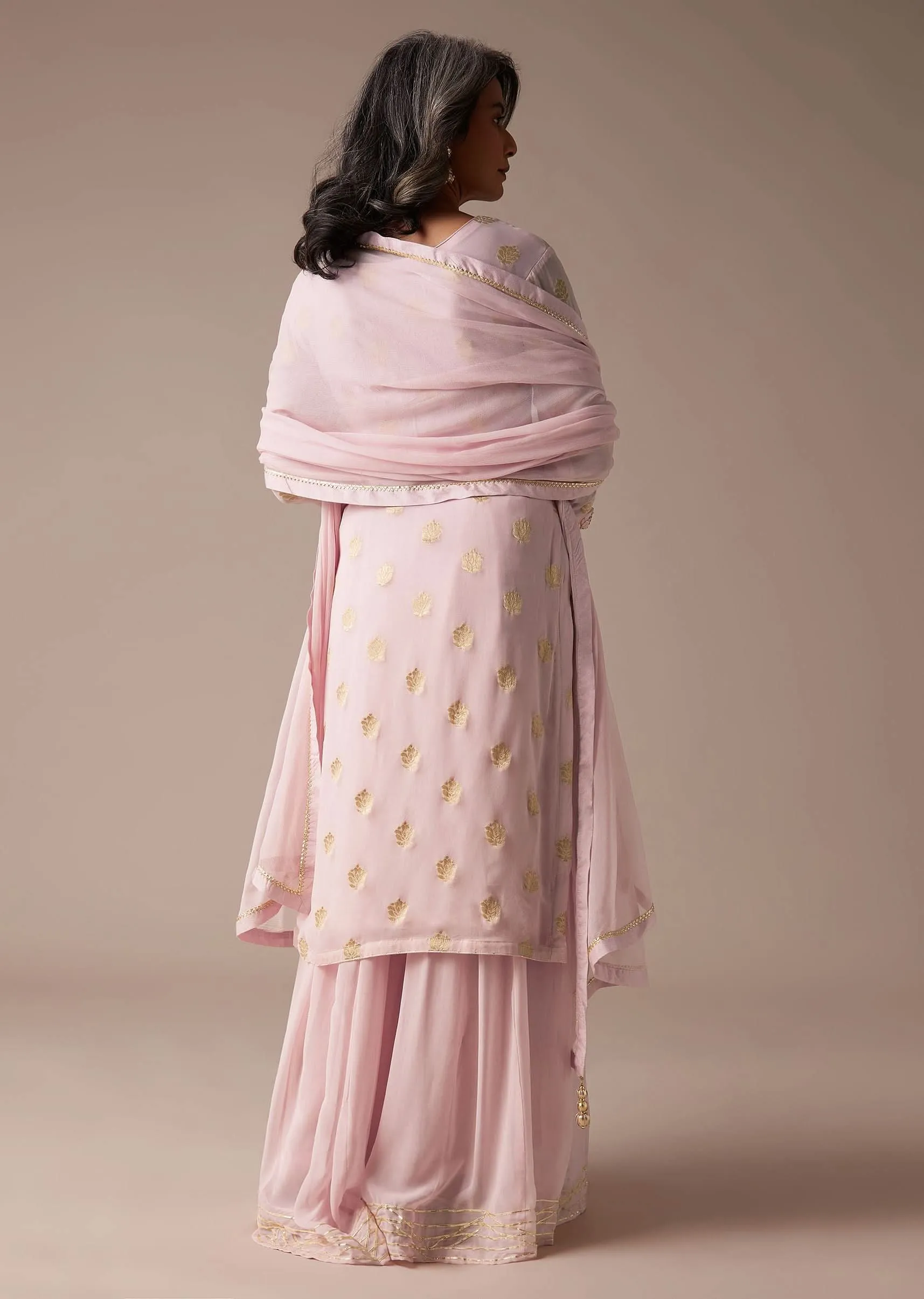 Baby Pink Straight Palazzo Suit Set In Banarasi Georgette With Brocade Work