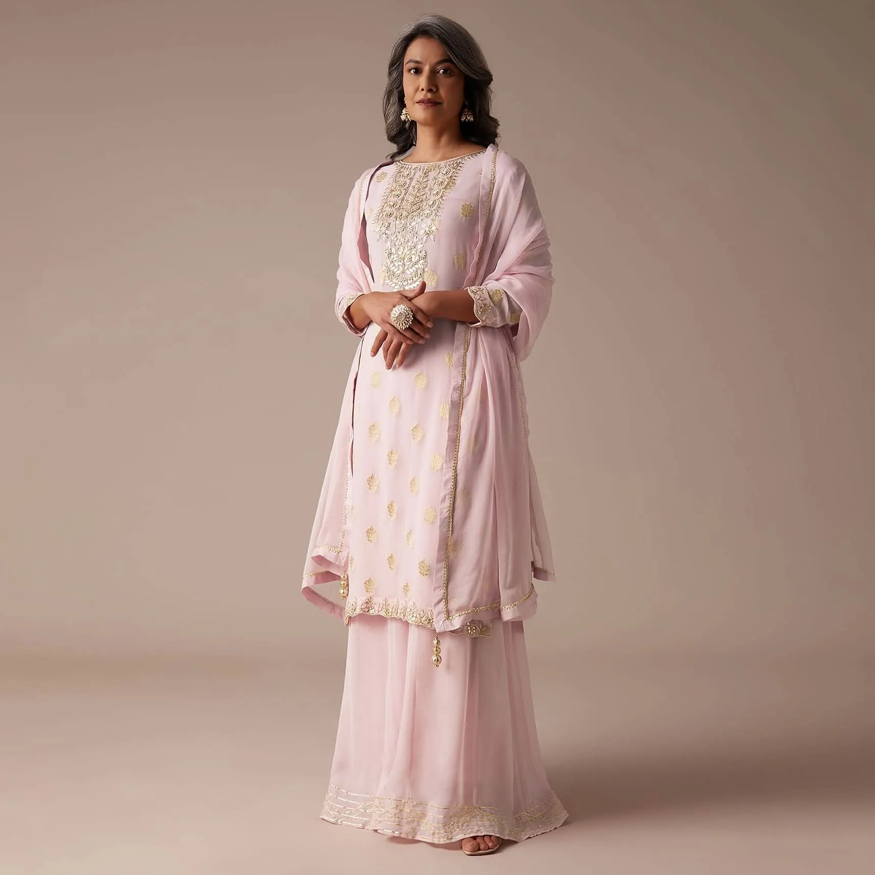 Baby Pink Straight Palazzo Suit Set In Banarasi Georgette With Brocade Work