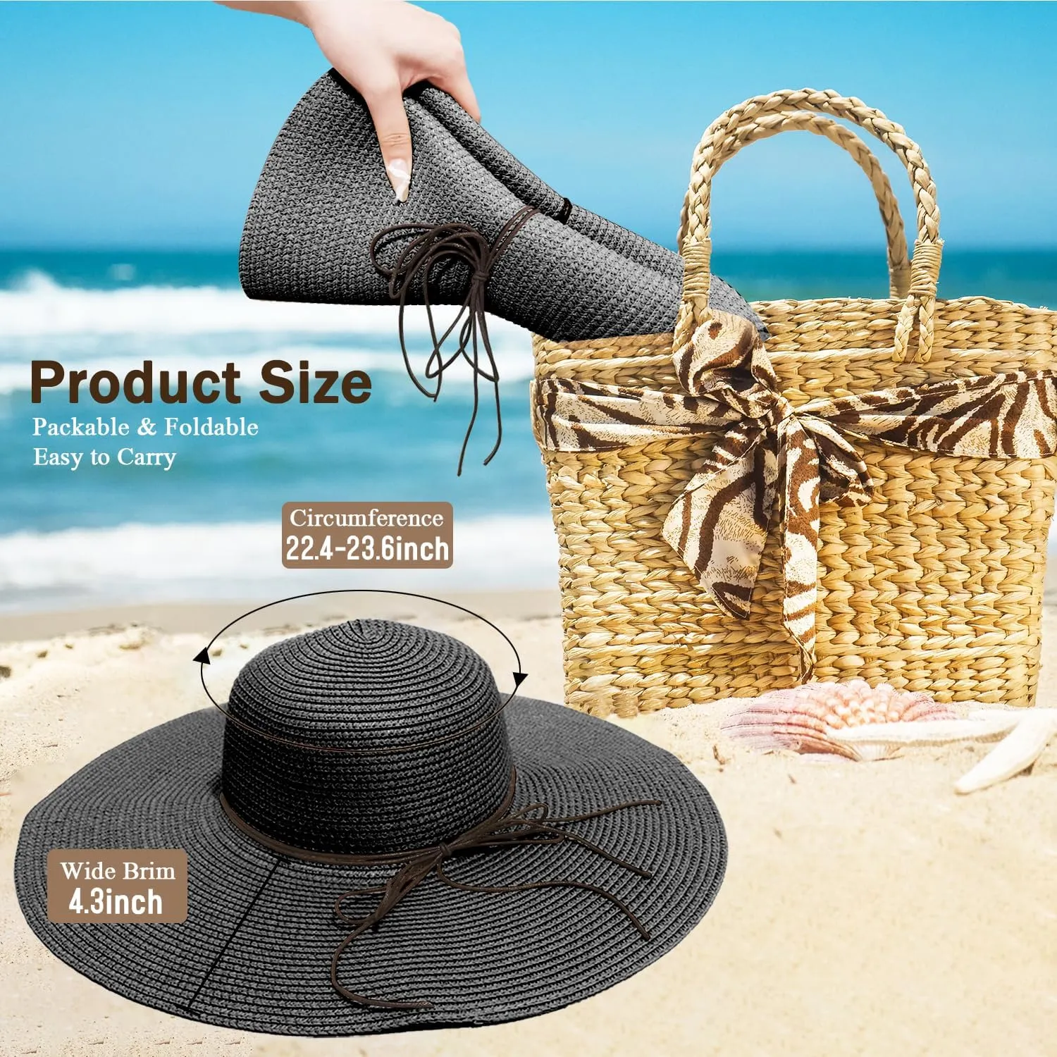 Beach Hats for Women, Straw Sun Hat Floppy Wide Brim, Foldable UPF 50  UV Protection Summer Hat