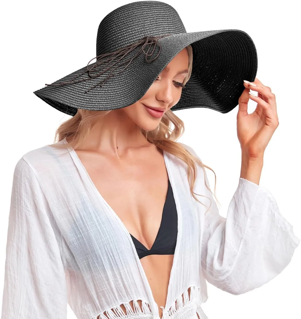 Beach Hats for Women, Straw Sun Hat Floppy Wide Brim, Foldable UPF 50  UV Protection Summer Hat