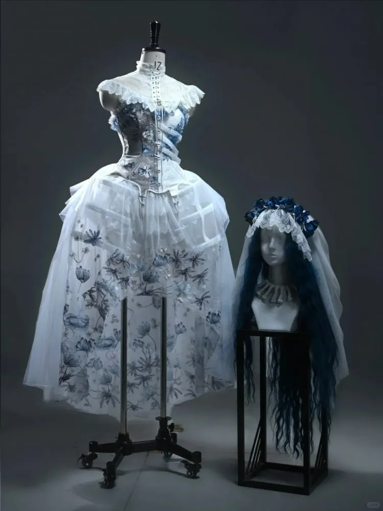 Bride White High-low Tulle Skirt with Blue Black Floral Embroidery