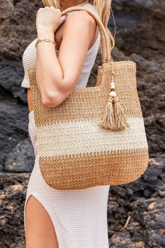 Chic Two-Tone Straw Tote With Wooden Bead Tassel Spacious Beach Travel Bag