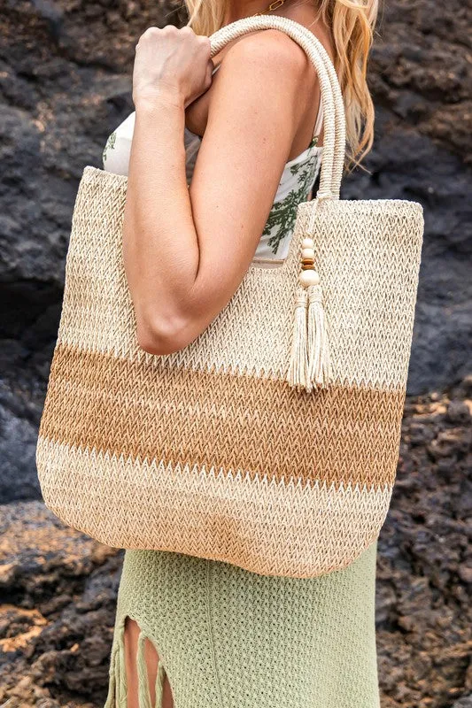 Chic Two-Tone Straw Tote With Wooden Bead Tassel Spacious Beach Travel Bag
