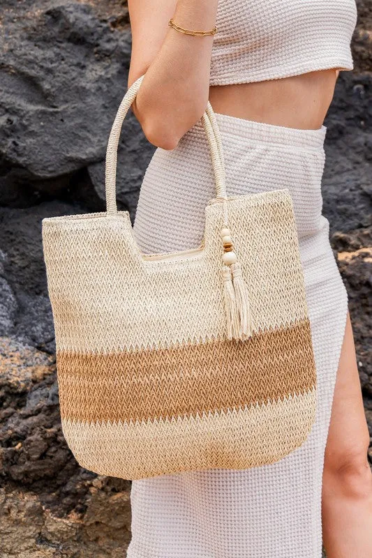 Chic Two-Tone Straw Tote With Wooden Bead Tassel Spacious Beach Travel Bag