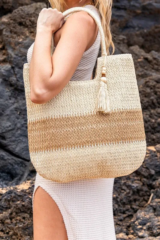 Chic Two-Tone Straw Tote With Wooden Bead Tassel Spacious Beach Travel Bag