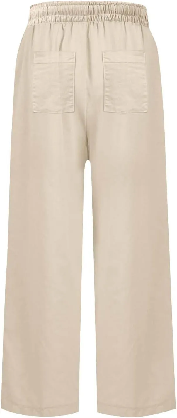 Cropped Wide Leg Linen Pants Women Summer Comfy Baggy High Waisted Casaul Flowy Beach Pants Trousers with Pockets