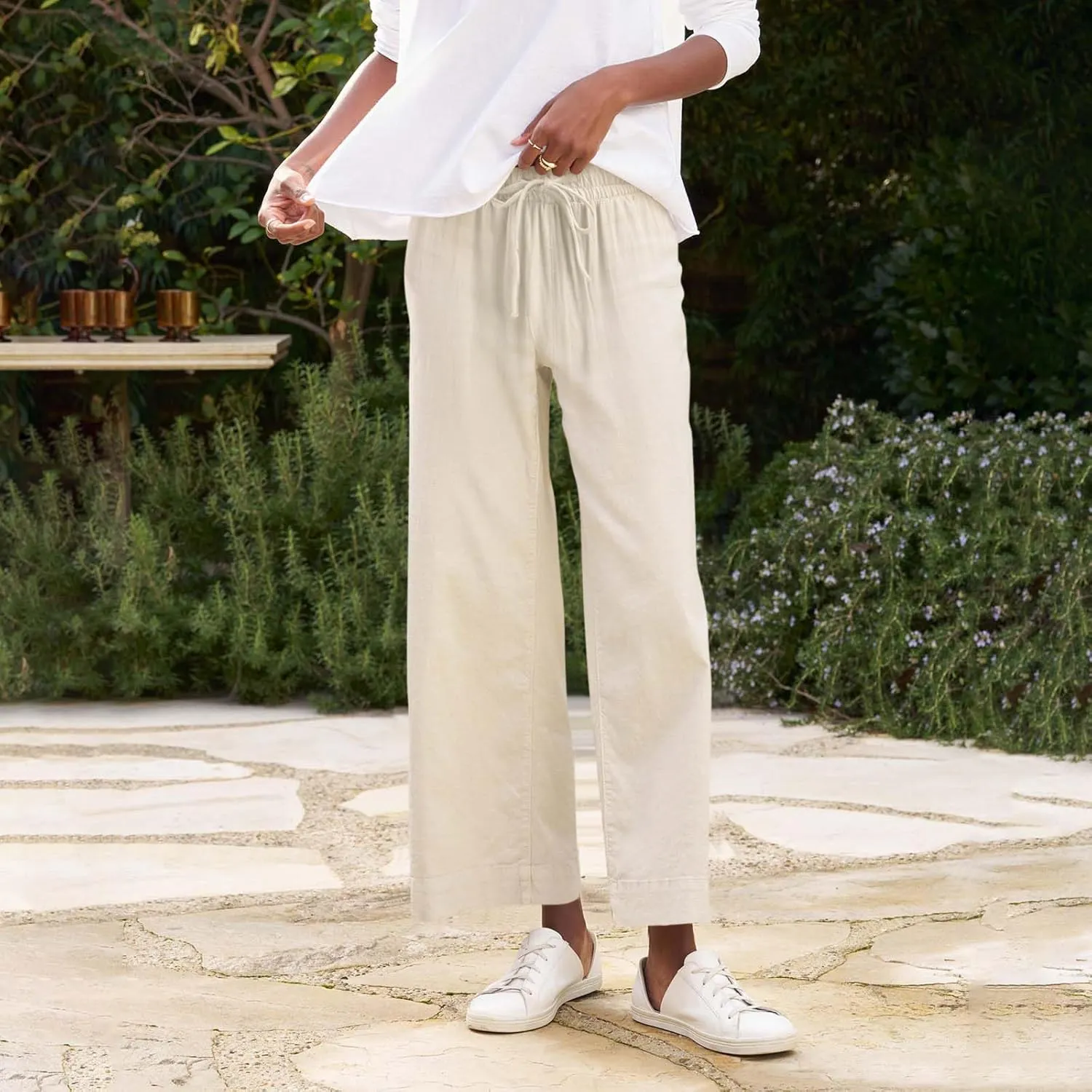 Cropped Wide Leg Linen Pants Women Summer Comfy Baggy High Waisted Casaul Flowy Beach Pants Trousers with Pockets