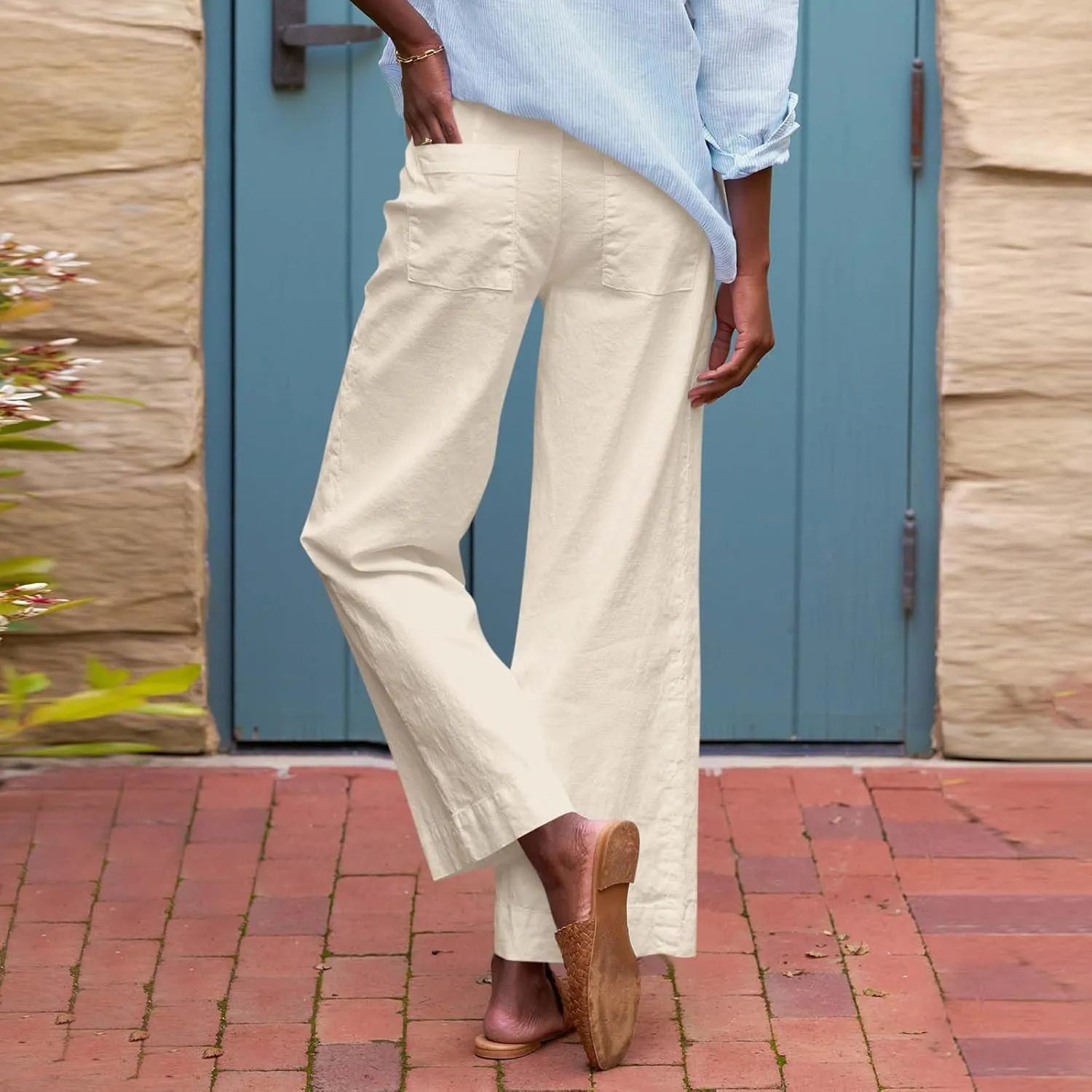 Cropped Wide Leg Linen Pants Women Summer Comfy Baggy High Waisted Casaul Flowy Beach Pants Trousers with Pockets