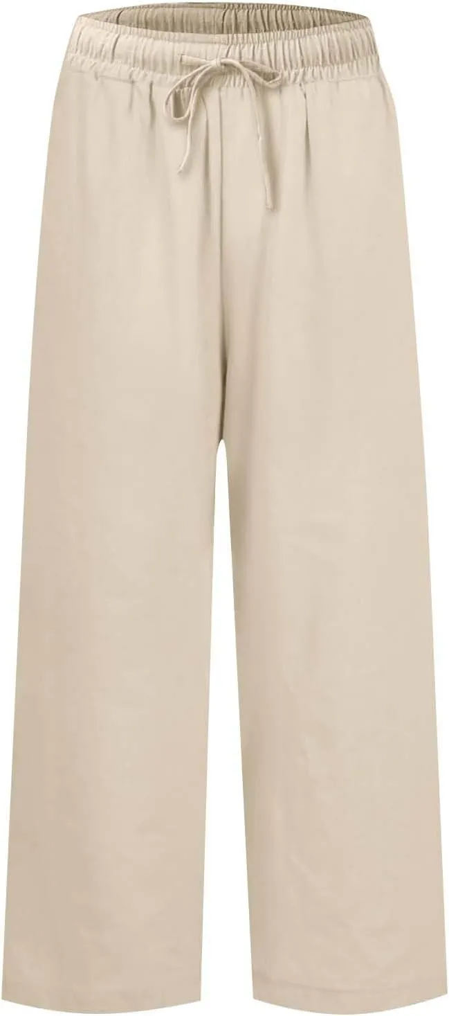 Cropped Wide Leg Linen Pants Women Summer Comfy Baggy High Waisted Casaul Flowy Beach Pants Trousers with Pockets