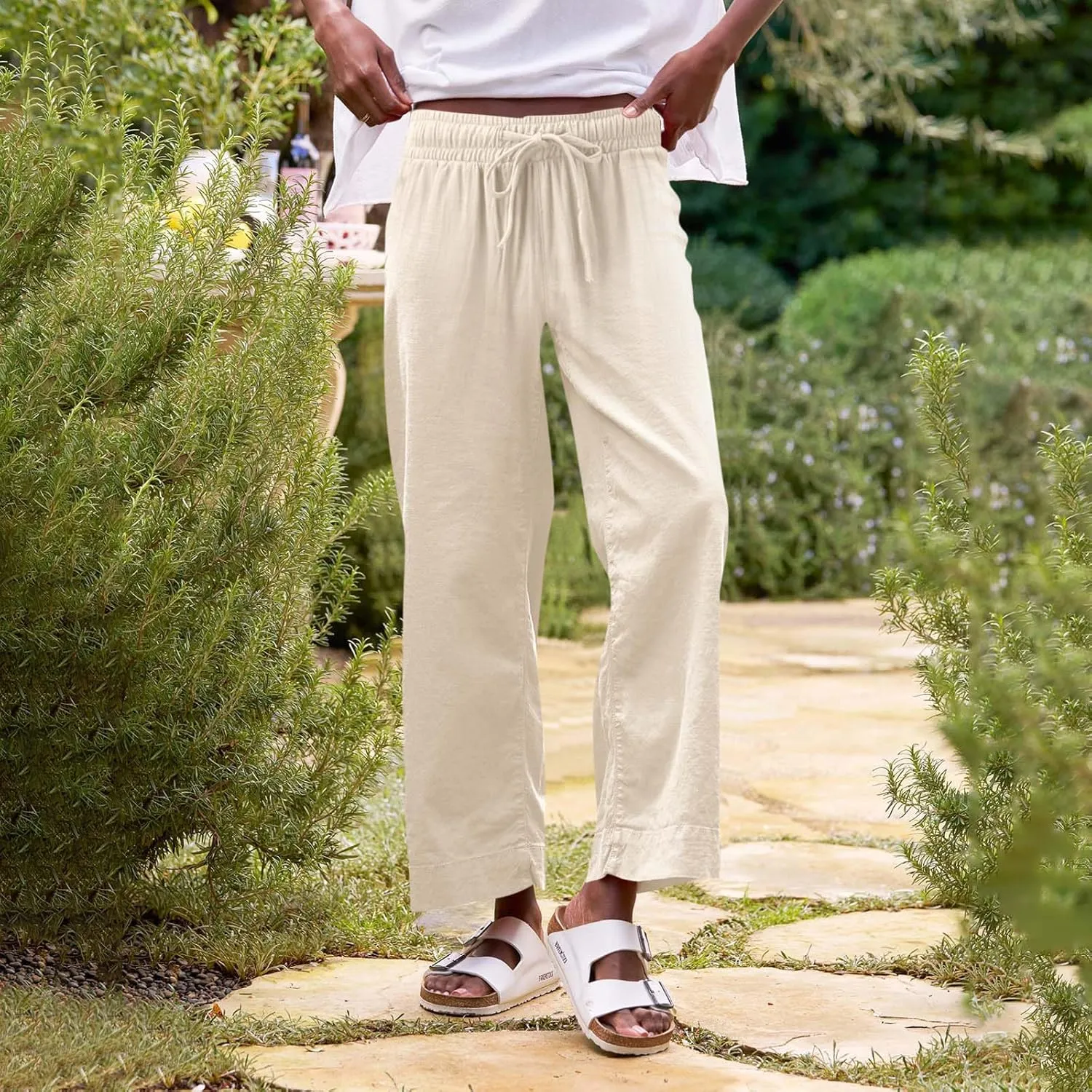 Cropped Wide Leg Linen Pants Women Summer Comfy Baggy High Waisted Casaul Flowy Beach Pants Trousers with Pockets
