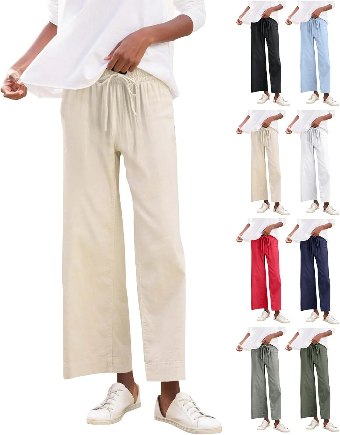Cropped Wide Leg Linen Pants Women Summer Comfy Baggy High Waisted Casaul Flowy Beach Pants Trousers with Pockets