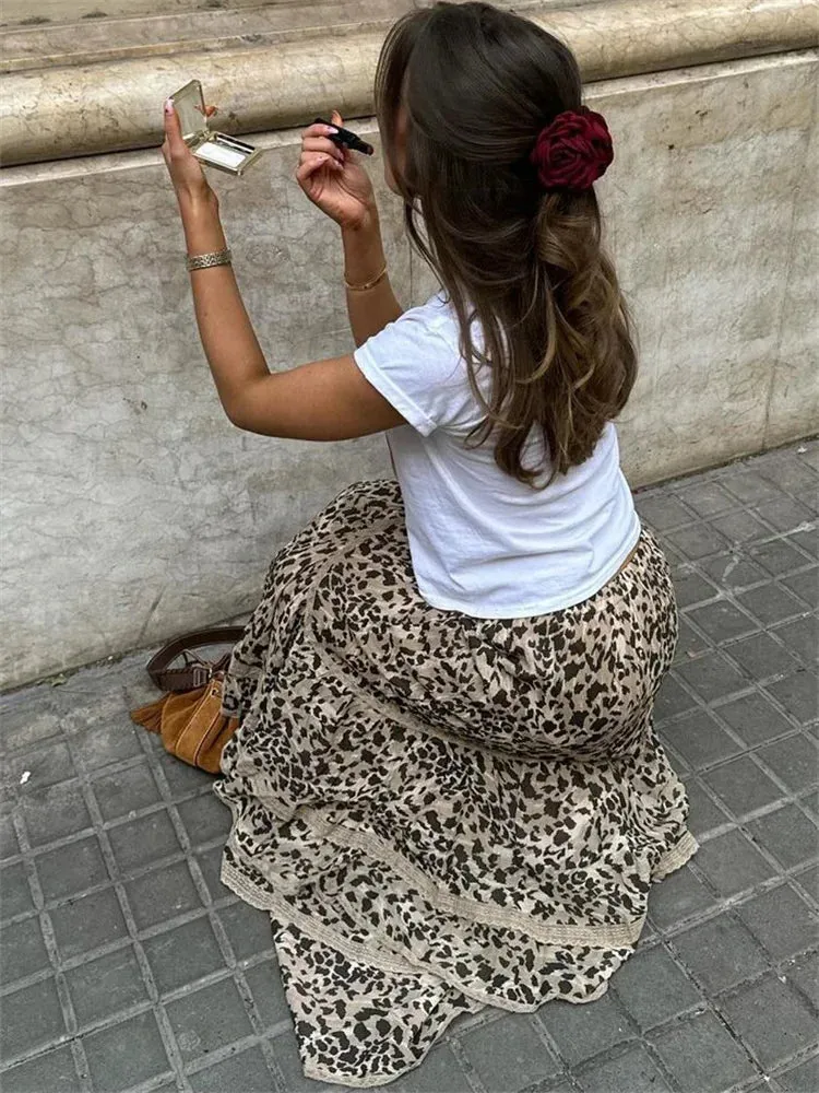 Fashion High Leopard Printed Patchwork New Loose Ruffled Summer Waist Skirt