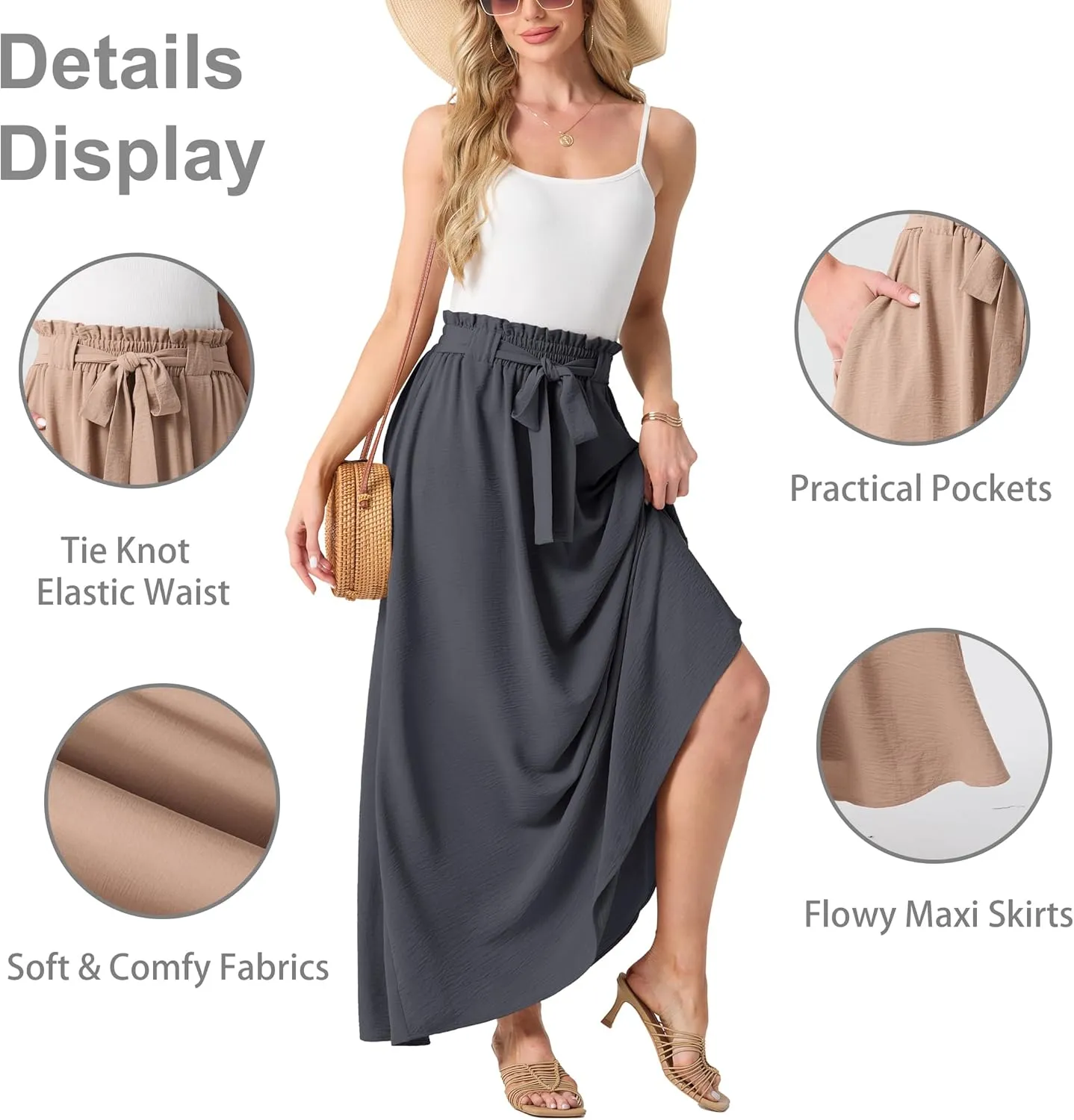 Lepunuo Womens Maxi Skirts Casual Boho Elastic High Waisted Flowy Long Skirts Trendy Floral Cute Skirts with Pockets