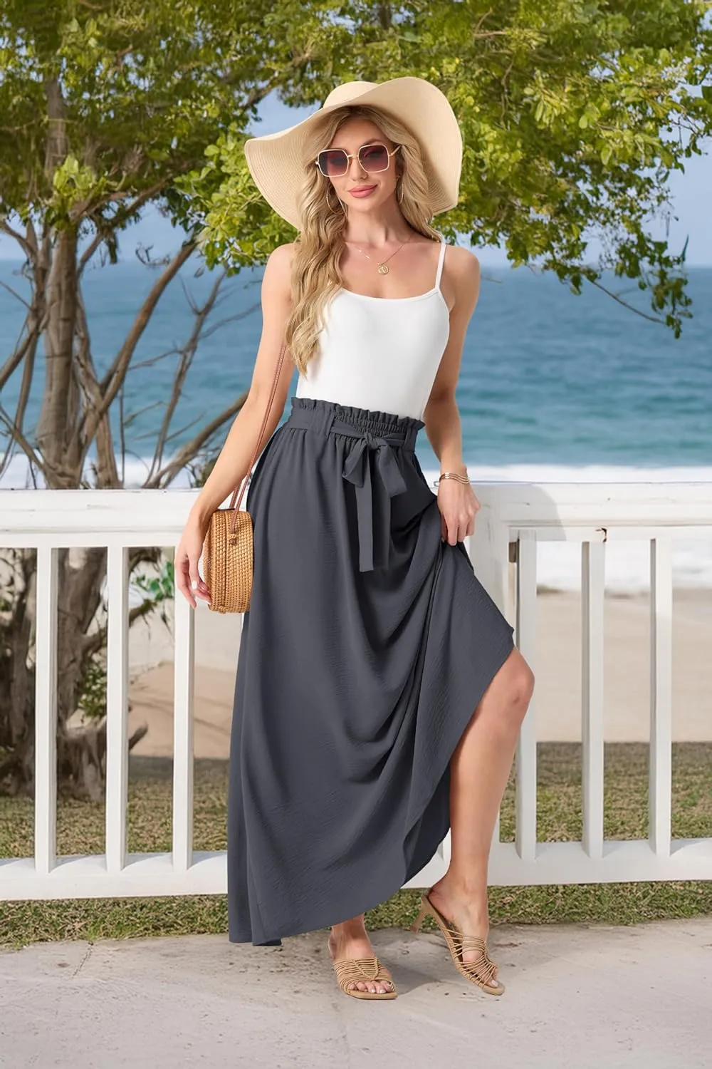 Lepunuo Womens Maxi Skirts Casual Boho Elastic High Waisted Flowy Long Skirts Trendy Floral Cute Skirts with Pockets