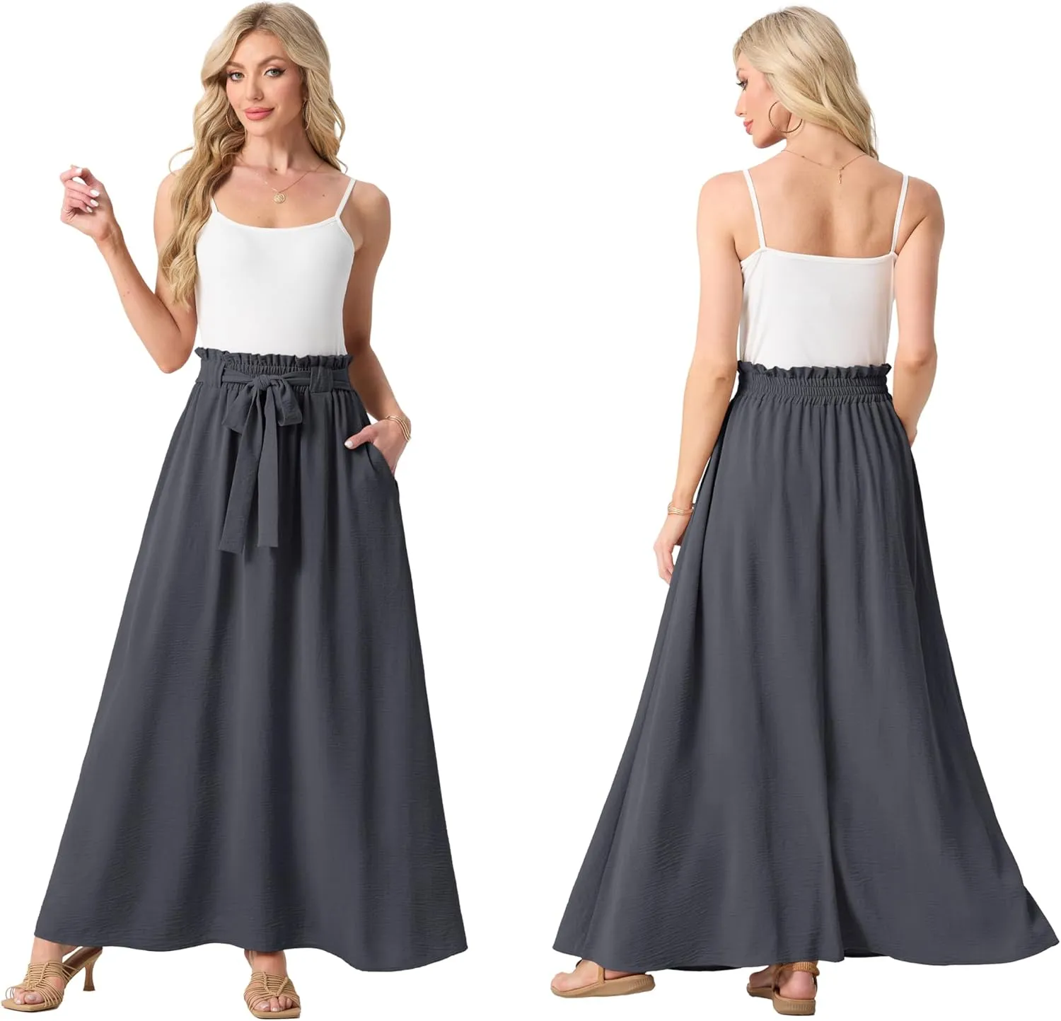 Lepunuo Womens Maxi Skirts Casual Boho Elastic High Waisted Flowy Long Skirts Trendy Floral Cute Skirts with Pockets