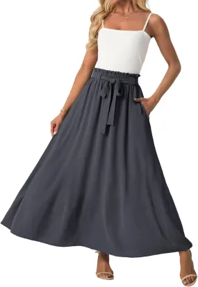 Lepunuo Womens Maxi Skirts Casual Boho Elastic High Waisted Flowy Long Skirts Trendy Floral Cute Skirts with Pockets