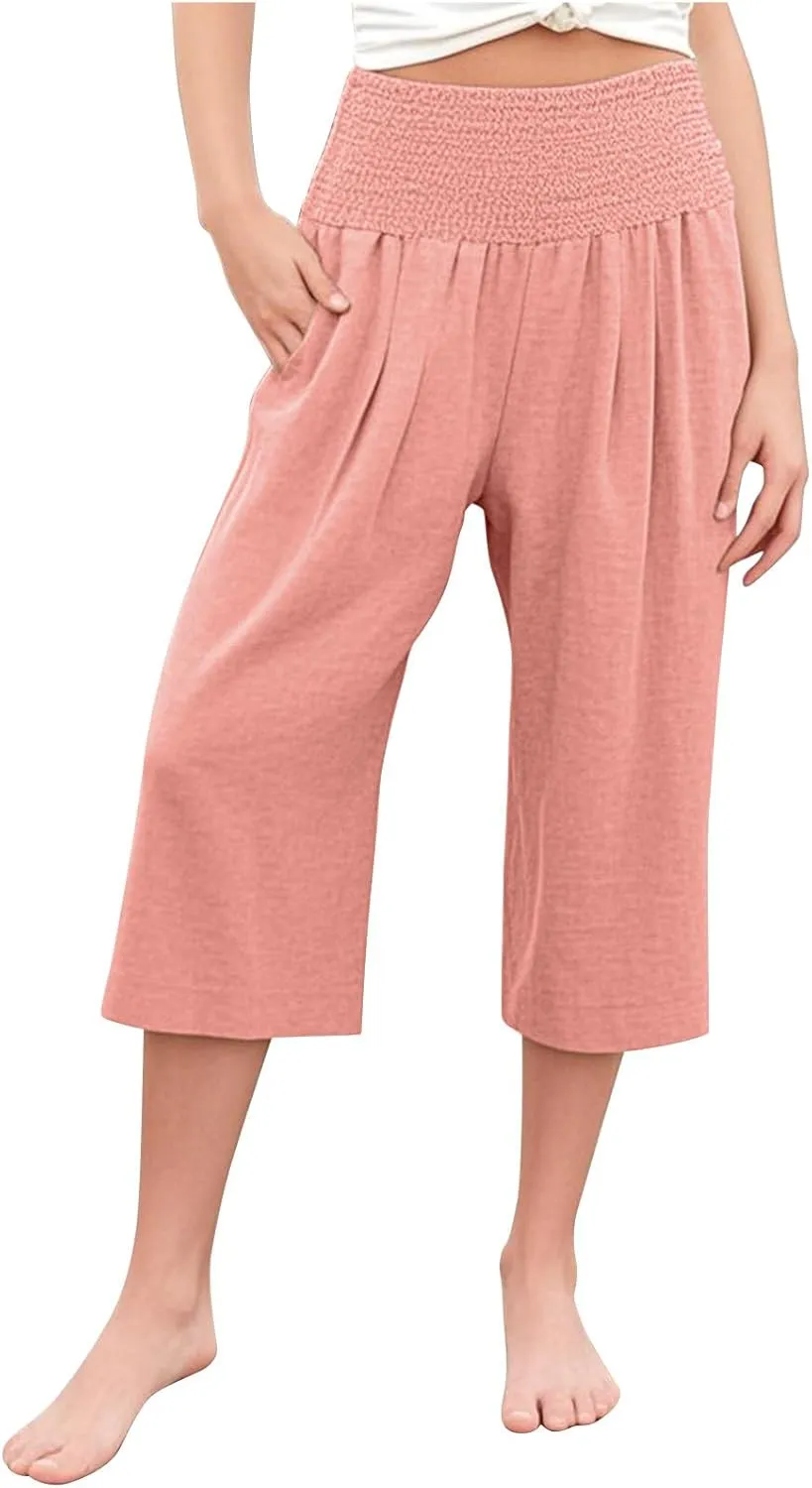 Linen Capris for Girls Summer Casual Palazzo Smocked High Waist Wide Leg Capris Travel Vacation Pants with Pockets