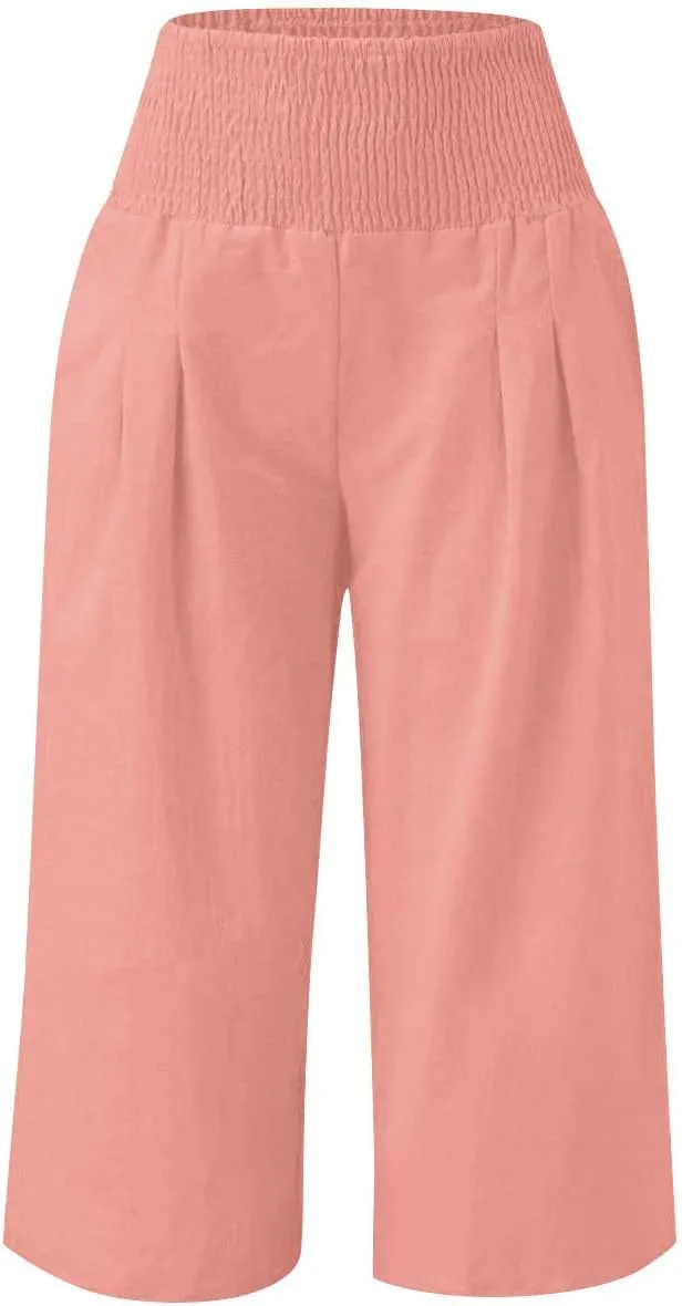 Linen Capris for Girls Summer Casual Palazzo Smocked High Waist Wide Leg Capris Travel Vacation Pants with Pockets