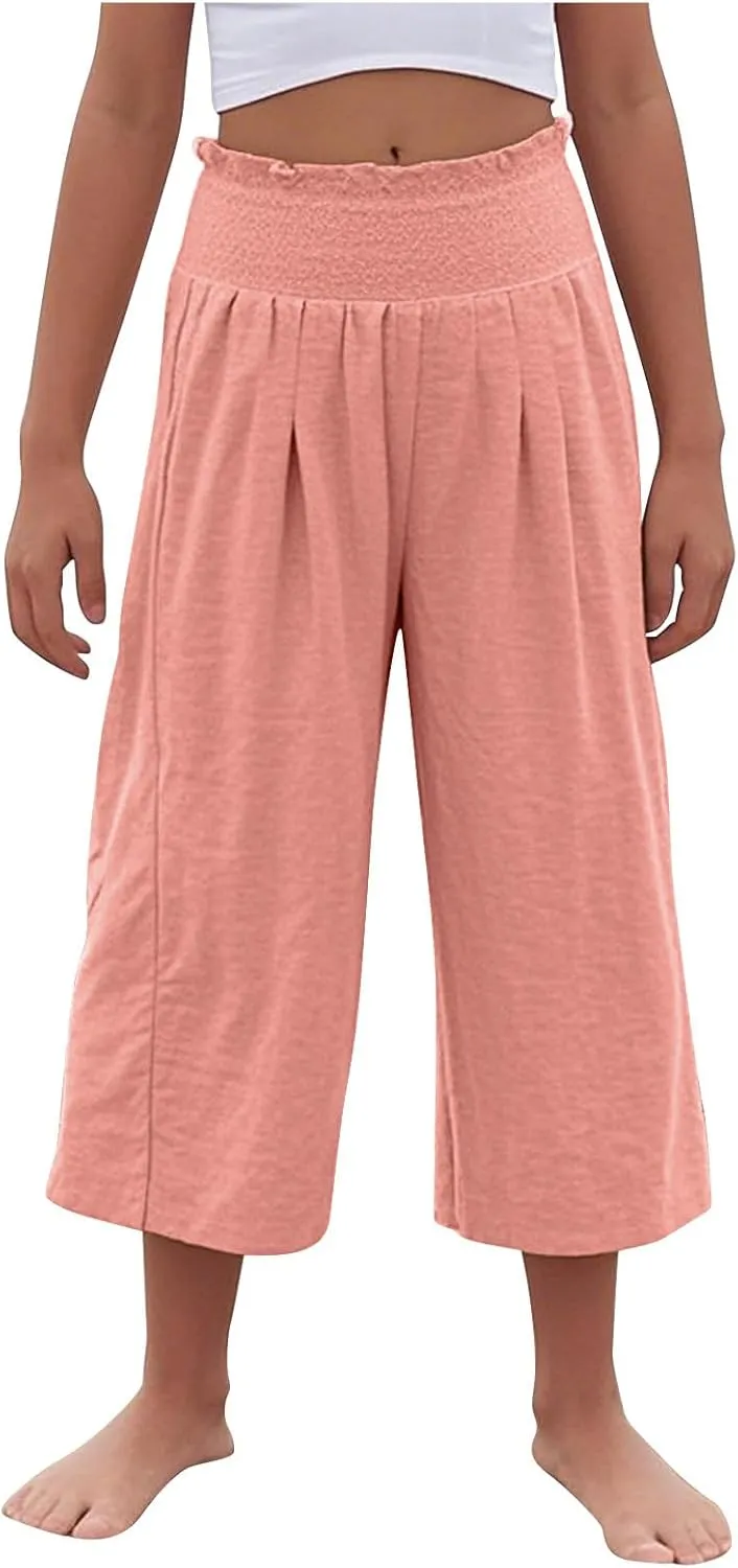 Linen Capris for Girls Summer Casual Palazzo Smocked High Waist Wide Leg Capris Travel Vacation Pants with Pockets