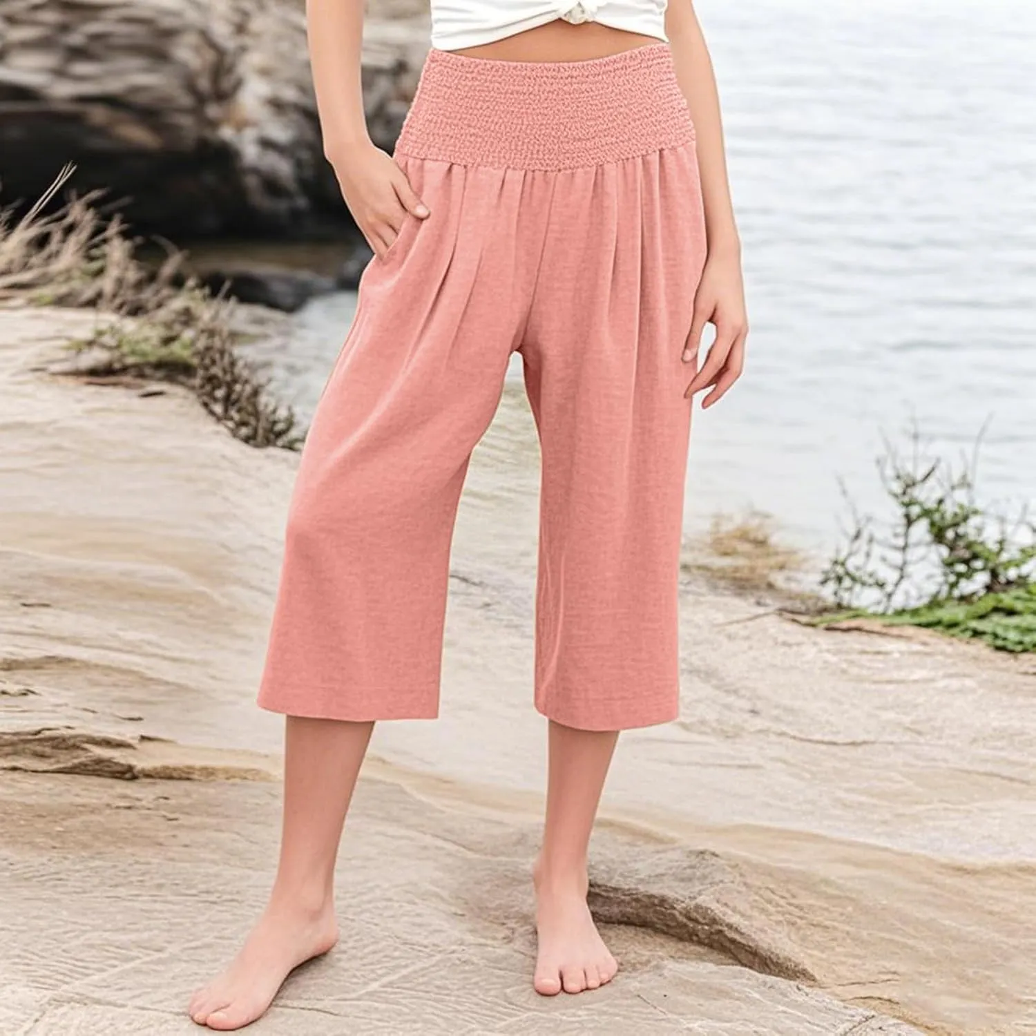 Linen Capris for Girls Summer Casual Palazzo Smocked High Waist Wide Leg Capris Travel Vacation Pants with Pockets