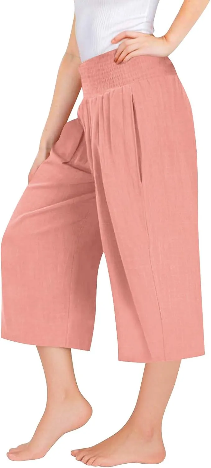 Linen Capris for Girls Summer Casual Palazzo Smocked High Waist Wide Leg Capris Travel Vacation Pants with Pockets