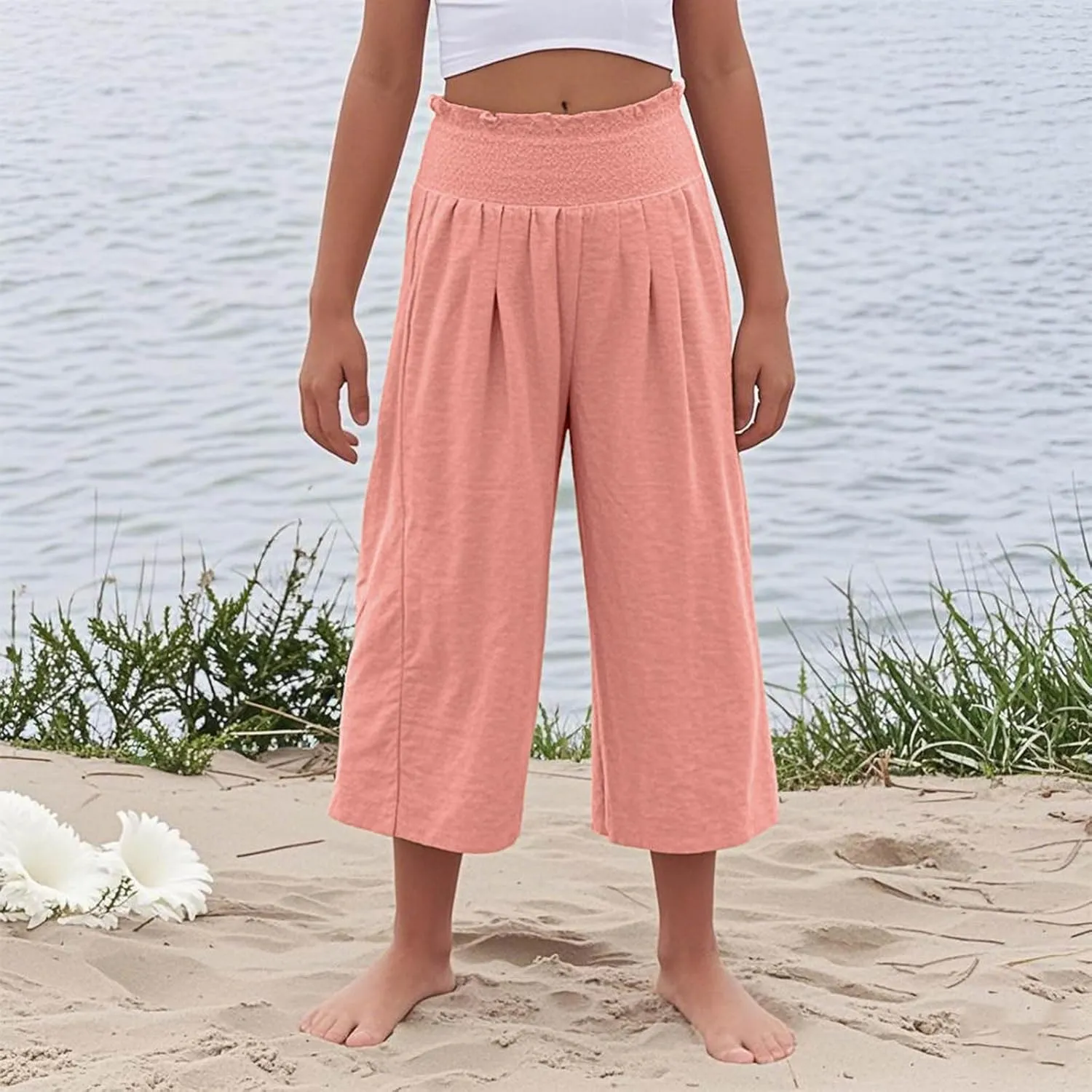 Linen Capris for Girls Summer Casual Palazzo Smocked High Waist Wide Leg Capris Travel Vacation Pants with Pockets