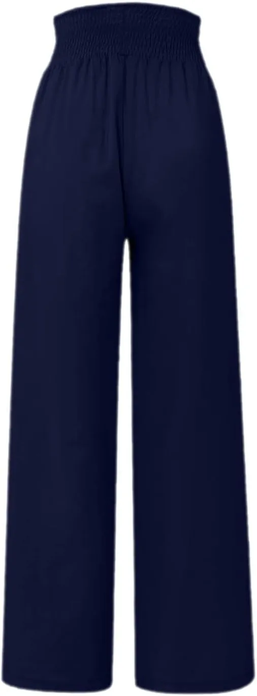 Linen Pants Women Summer Beach Casual Loose Wide Leg Pants for Women Elastic Waist Palazzo Pants Trousers with Pockets