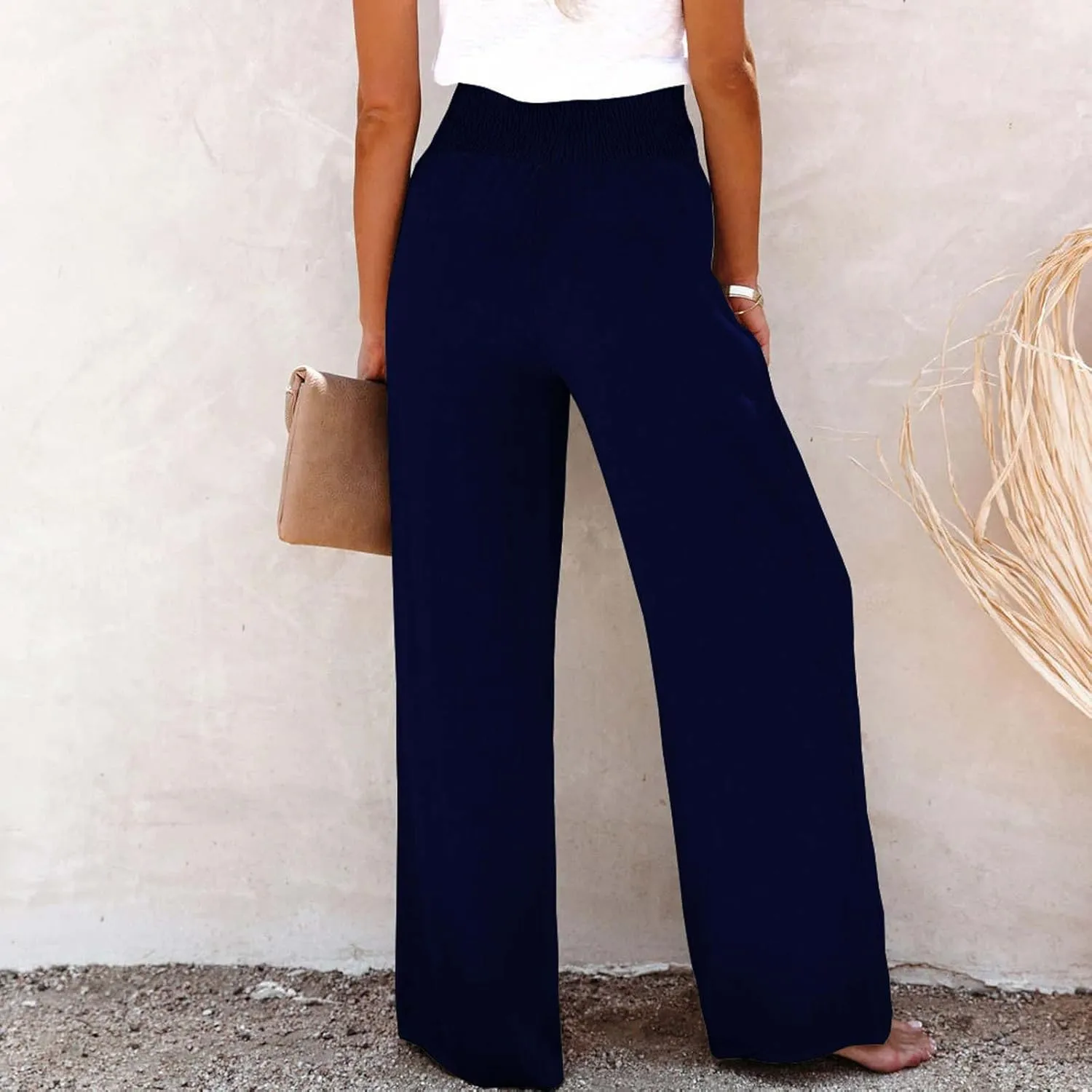 Linen Pants Women Summer Beach Casual Loose Wide Leg Pants for Women Elastic Waist Palazzo Pants Trousers with Pockets