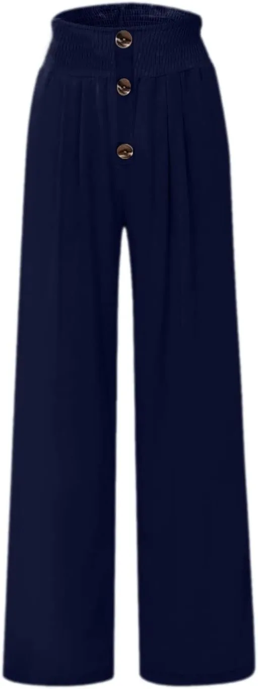 Linen Pants Women Summer Beach Casual Loose Wide Leg Pants for Women Elastic Waist Palazzo Pants Trousers with Pockets