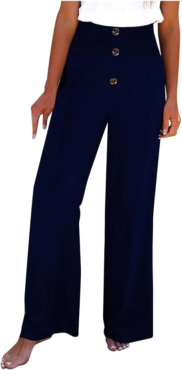 Linen Pants Women Summer Beach Casual Loose Wide Leg Pants for Women Elastic Waist Palazzo Pants Trousers with Pockets