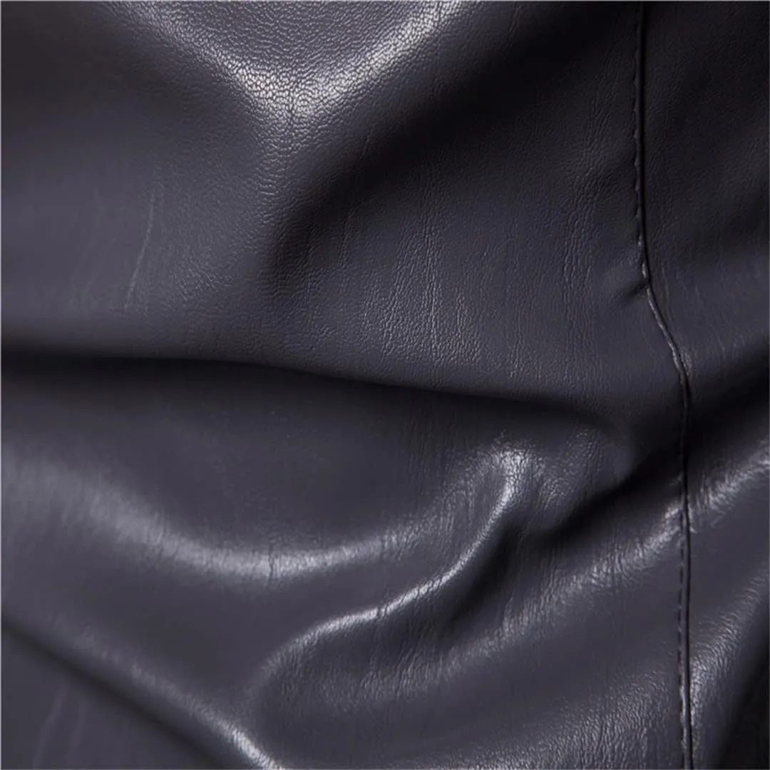 Men's Hooded Leather Jacket Simple Solid Color Zipper PU Jacket Windproof Faux Leather Coat