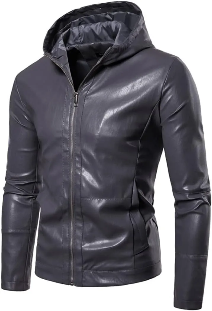 Men's Hooded Leather Jacket Simple Solid Color Zipper PU Jacket Windproof Faux Leather Coat