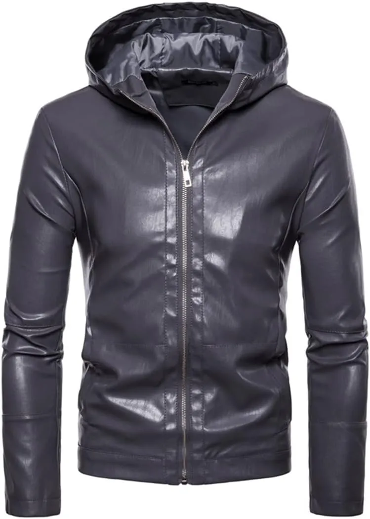 Men's Hooded Leather Jacket Simple Solid Color Zipper PU Jacket Windproof Faux Leather Coat