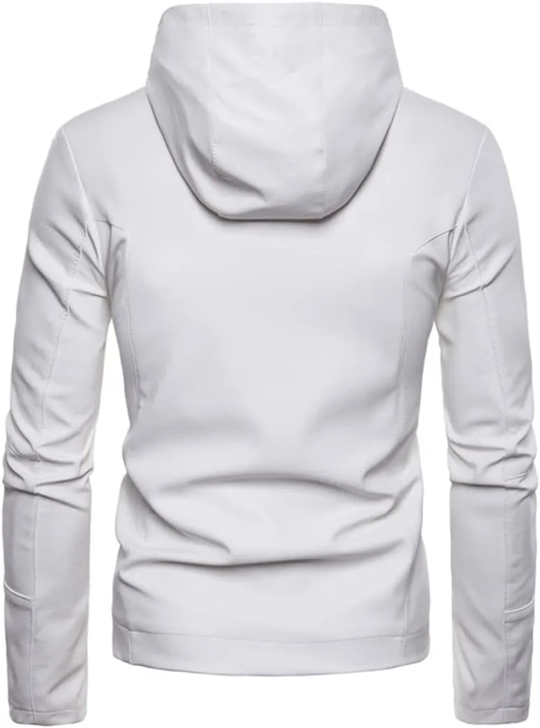 Men's Hooded Leather Jacket Simple Solid Color Zipper PU Jacket Windproof Faux Leather Coat