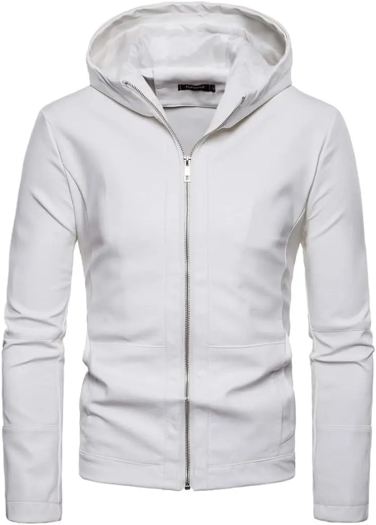 Men's Hooded Leather Jacket Simple Solid Color Zipper PU Jacket Windproof Faux Leather Coat