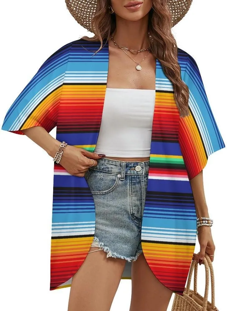 Mexican Stripe Cardigan Jacket Half Sleeve Women Kimono Cardigans Cropped Jacket Casual Beach Cover Up Blouse Top