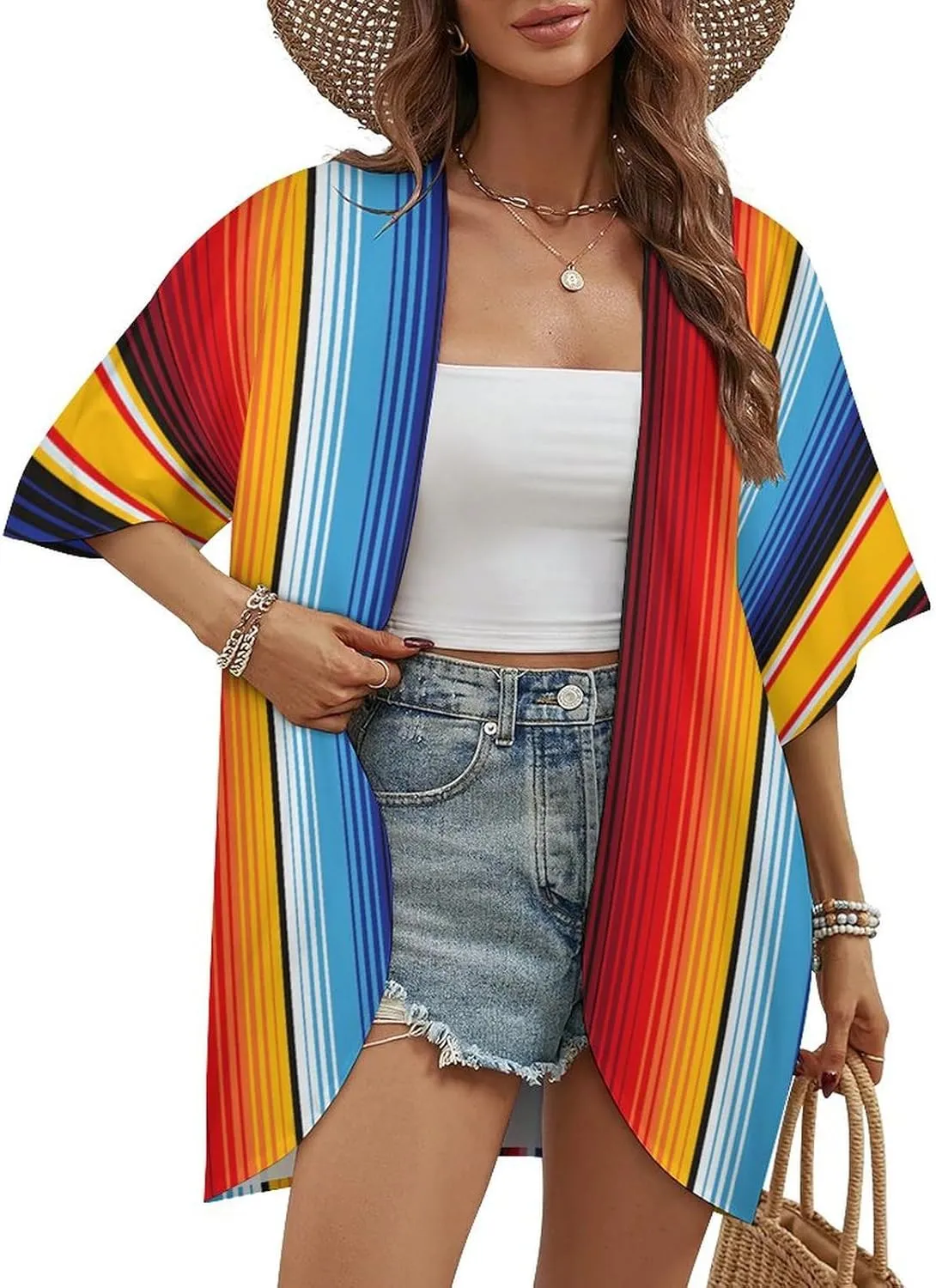 Mexican Stripe Cardigan Jacket Half Sleeve Women Kimono Cardigans Cropped Jacket Casual Beach Cover Up Blouse Top