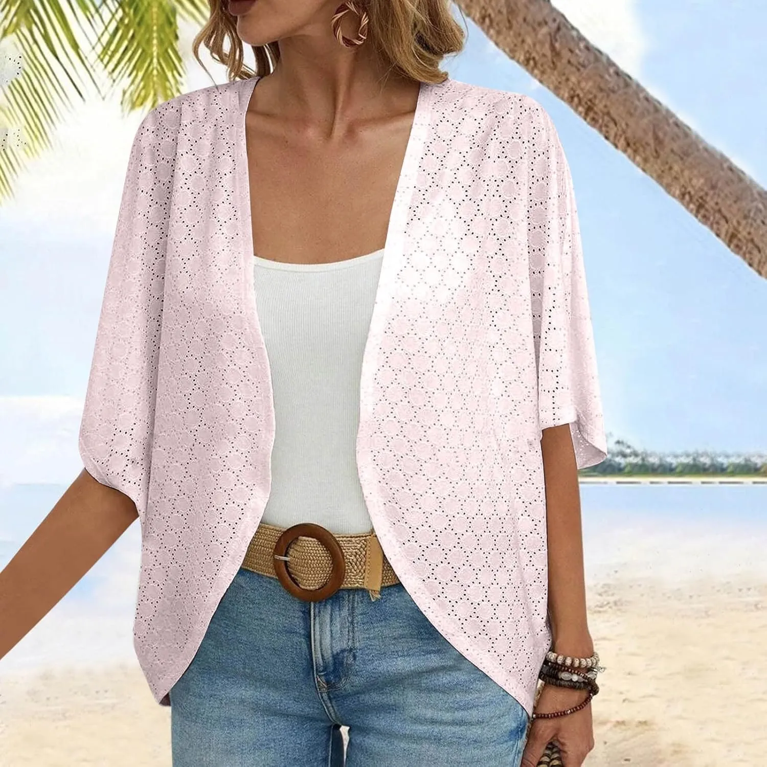 Mzkdieey Women's Eyelet Embroidery Kimono Cardigan Summer Swimsuit Cover Ups Open Front Short Sleeve Beach Robe Resort Wear