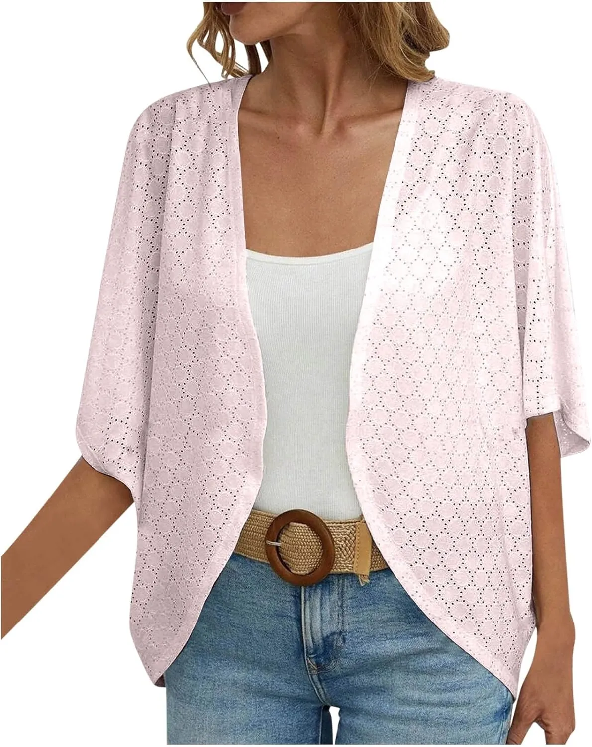 Mzkdieey Women's Eyelet Embroidery Kimono Cardigan Summer Swimsuit Cover Ups Open Front Short Sleeve Beach Robe Resort Wear