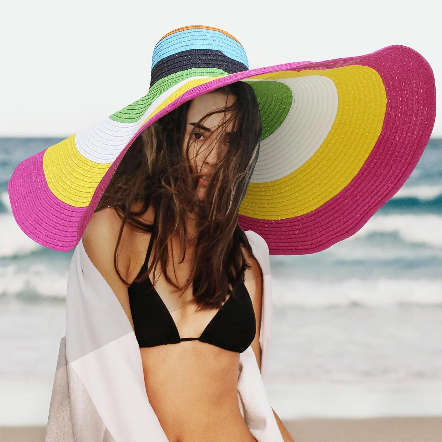 Oversized Sun Straw Hat for Women, UPF 50  Floppy Wide Brim Summer Hat, Foldable Roll Up Travel Hat Beach Hats for Women
